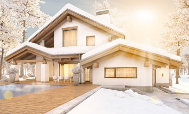 dağ evi tarzı modern rahat evde 3D render 