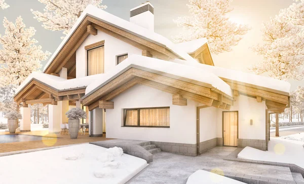 3D-Rendering von modernen gemütlichen Haus im Chalet-Stil — Stockfoto