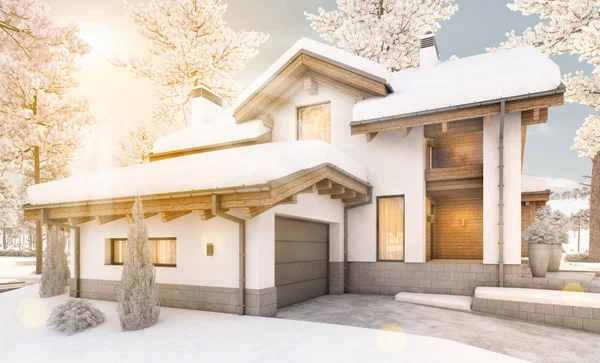 dağ evi tarzı modern rahat evde 3D render 