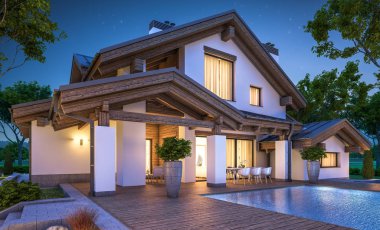 dağ evi tarzı modern rahat evde 3D render 