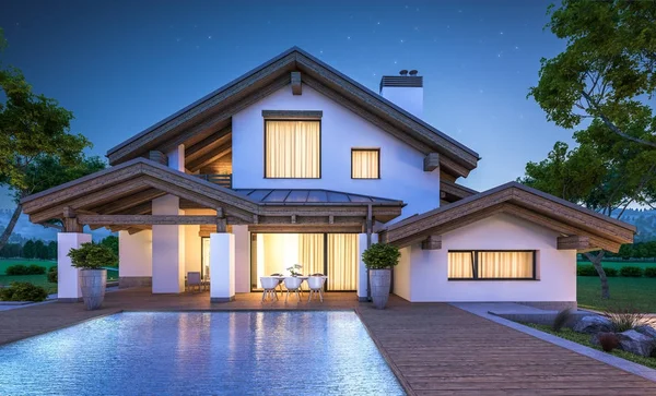 dağ evi tarzı modern rahat evde 3D render 