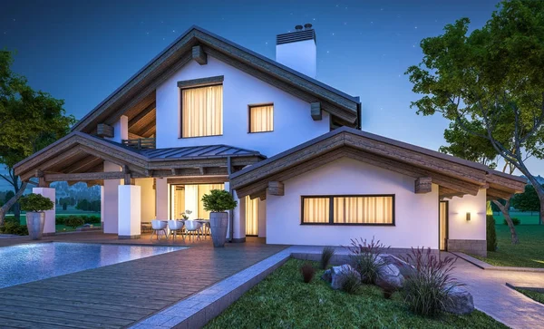 dağ evi tarzı modern rahat evde 3D render 