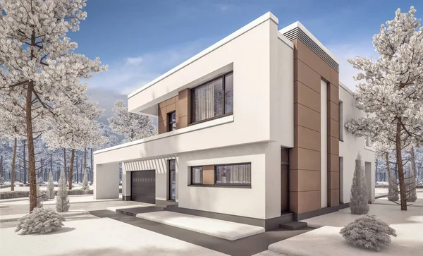 3D візуалізація сучасного зимового будинку — стокове фото
