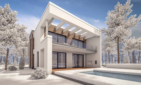 3D візуалізація сучасного зимового будинку — стокове фото