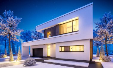 modern kış evi 3D render geceleri