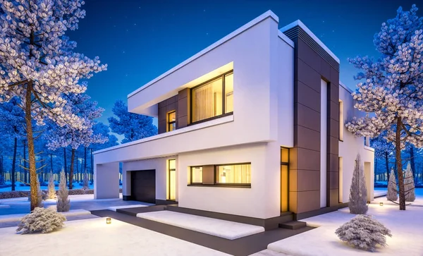 3D-rendering van moderne winter huis bij nacht — Stockfoto