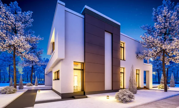 3D-rendering van moderne winter huis bij nacht — Stockfoto