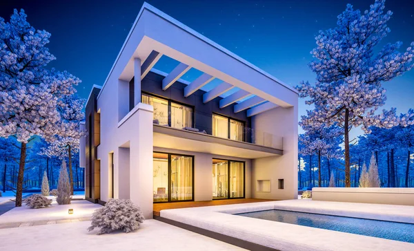 Modern kış evi 3D render geceleri — Stok fotoğraf