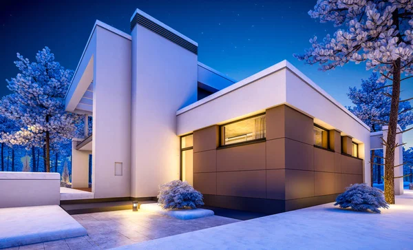 3D-rendering van moderne winter huis bij nacht — Stockfoto