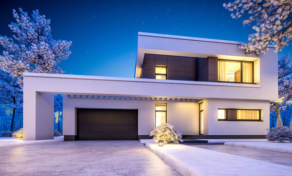 3D рендеринг современного зимнего дома ночью
