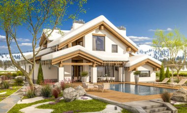 dağ evi tarzı bahar modern rahat evde 3D render 