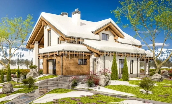 3d representación de la primavera moderna acogedora casa en estilo chalet — Foto de Stock