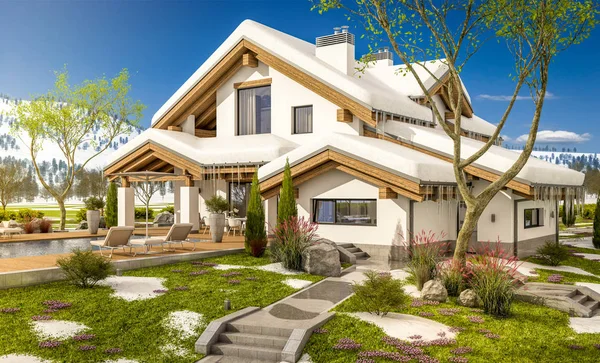 Renderowania 3D z wiosny nowoczesne przytulny dom w stylu domku — Zdjęcie stockowe
