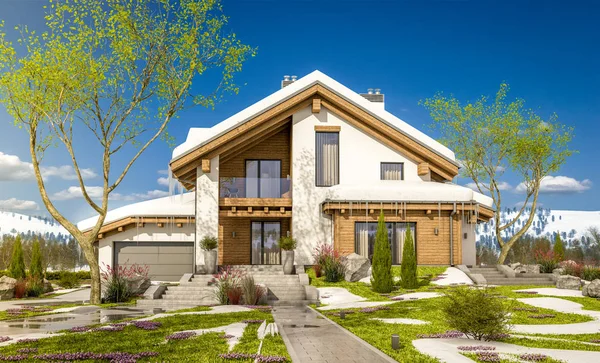 3d rendering di primavera moderna casa accogliente in stile chalet — Foto Stock