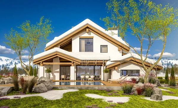 3d rendering of spring modern cozy house in chalet style — Stock Photo, Image