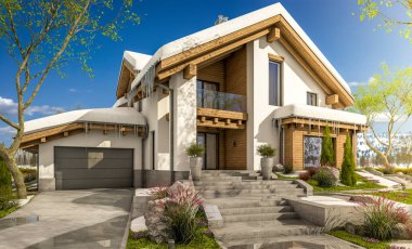dağ evi tarzı bahar modern rahat evde 3D render 