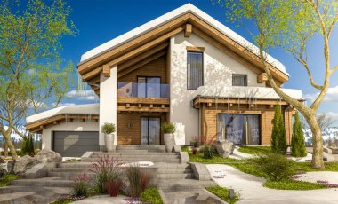 dağ evi tarzı bahar modern rahat evde 3D render 