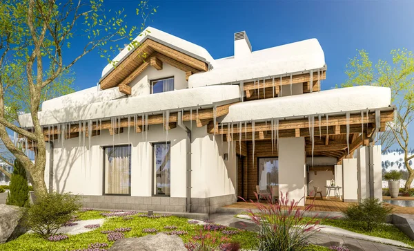 3d representación de la primavera moderna acogedora casa en estilo chalet — Foto de Stock