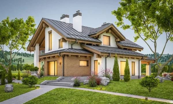 dağ evi tarzı modern rahat evde 3D render 