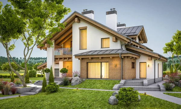 dağ evi tarzı modern rahat evde 3D render 