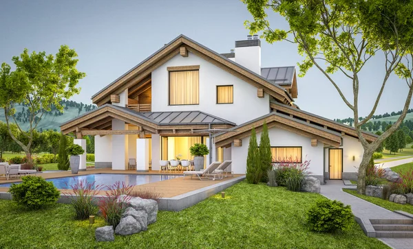 3D-Rendering von modernen gemütlichen Haus im Chalet-Stil — Stockfoto