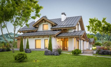 dağ evi tarzı modern rahat evde 3D render 