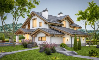 dağ evi tarzı modern rahat evde 3D render 