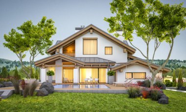 dağ evi tarzı modern rahat evde 3D render 