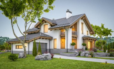 dağ evi tarzı modern rahat evde 3D render 