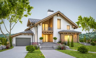 dağ evi tarzı modern rahat evde 3D render 