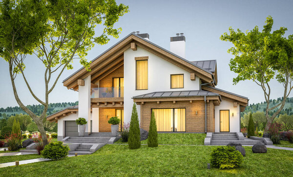 3d rendering of modern cozy house in chalet style 