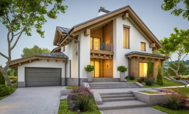 dağ evi tarzı modern rahat evde 3D render 