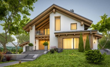 dağ evi tarzı modern rahat evde 3D render 