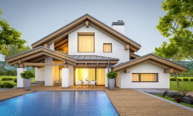 dağ evi tarzı modern rahat evde 3D render 