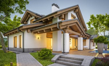 dağ evi tarzı modern rahat evde 3D render 