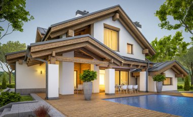 dağ evi tarzı modern rahat evde 3D render 