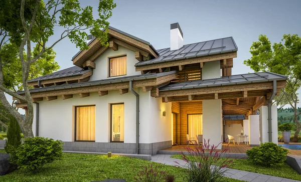 dağ evi tarzı modern rahat evde 3D render 