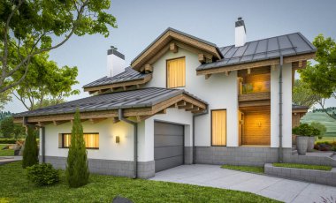 dağ evi tarzı modern rahat evde 3D render 