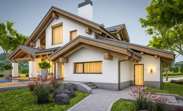 Renderingu 3D nowoczesny, przytulny dom w stylu domku — Zdjęcie stockowe