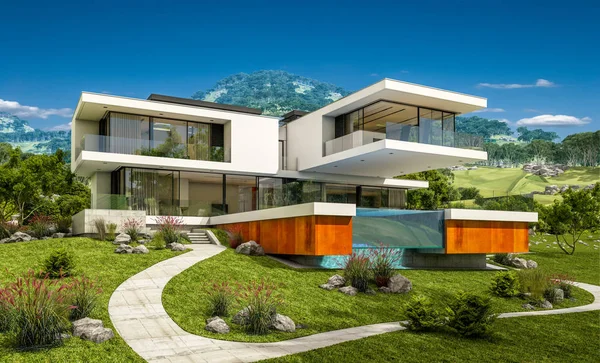 3d rendering of modern house by the river — Stock Photo, Image