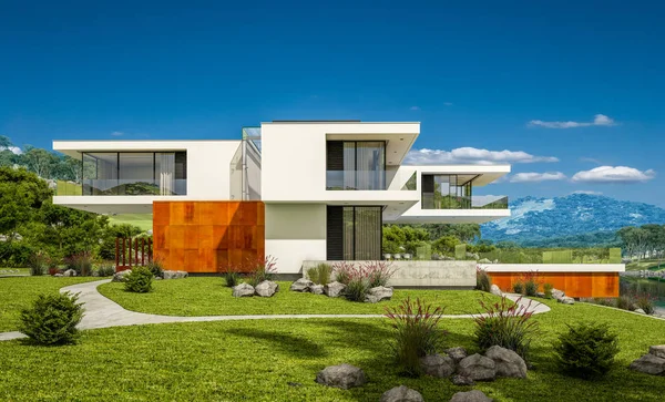 3d representación de la casa moderna por el río — Foto de Stock