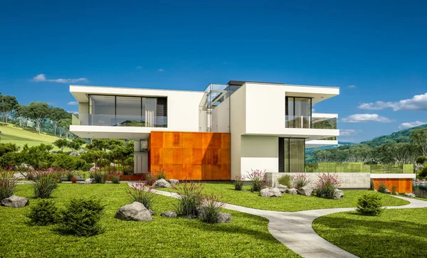 3D-rendering av modernt hus vid floden — Stockfoto