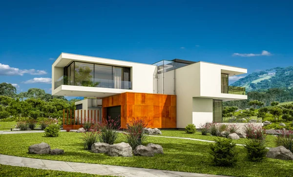 3d representación de la casa moderna por el río — Foto de Stock