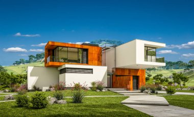 Nehrin yanında modern ev 3D render