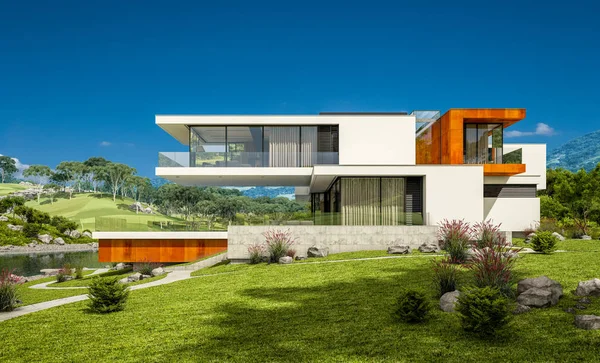 3d rendering of modern house by the river — Stock Photo, Image