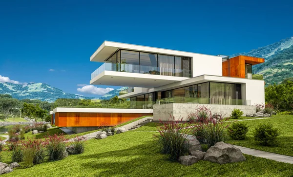 3d rendering of modern house by the river — Stock Photo, Image