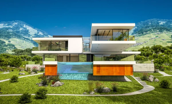3D рендеринг современного дома у реки — стоковое фото