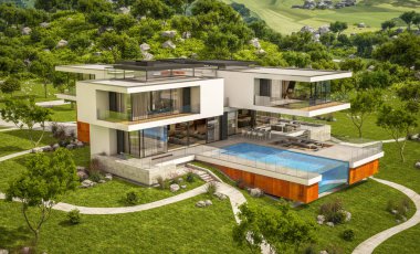 Nehrin yanında modern ev 3D render