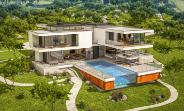 Nehrin yanında modern ev 3D render