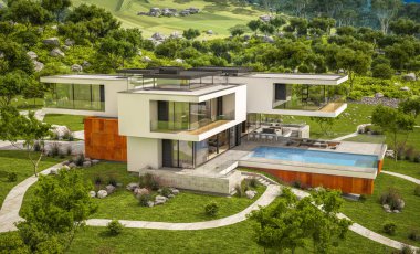 Nehrin yanında modern ev 3D render